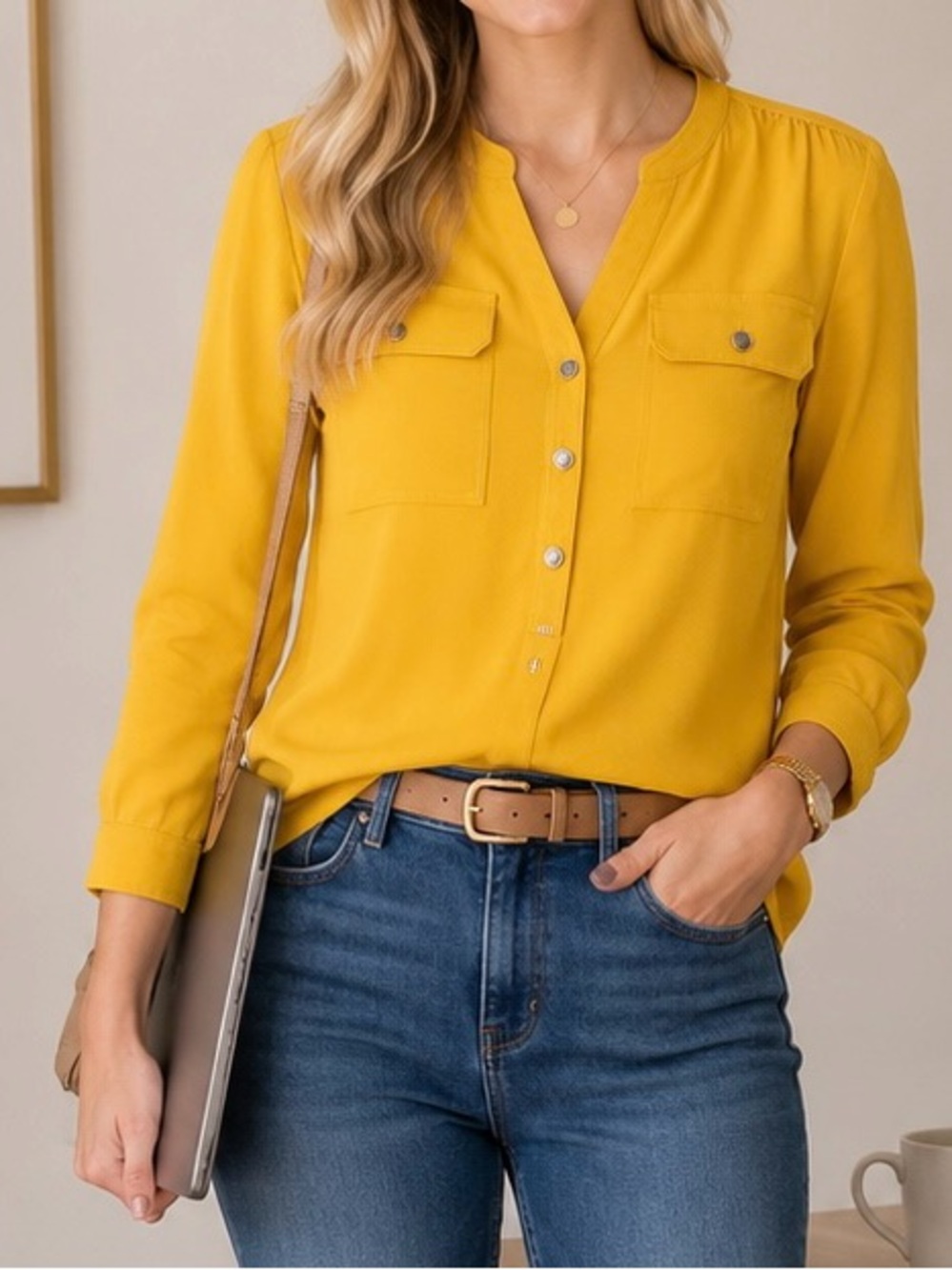 Women’s Mustard Yellow Button-Front Blouse